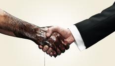 Ilustración de un hombre con la mano repleta de petróleo estrechándosela a otro con traje.