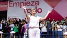 La líder de Sumar, Yolanda Díaz, durante el acto de Magariños el pasado 2 de abril, cuando presentó su candidatura.