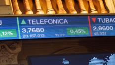 Panel del Palacio de la Bolsa de Madrid en la que se aprecia la subida de Telefónica tras la compra del 9,9% de capital por parte de la saudí STC Group.