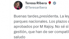 Captura del Tuit de respuesta de Teresa Ribera a María Guardiola.