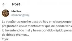 El mensaje del usuario @juanangelmj en Twitter.