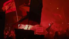 Imagen de la manifestación contra la amnistía de este martes frente a la sede del PSOE en la calle Ferraz