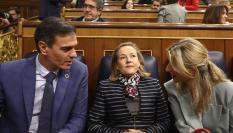 Pedro Sánchez, Nadia Calviño y Yolanda Díaz.