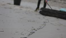 Operarios de empresas y vecinos de la zona retiran los pellets o bolitas para fabricar plástico que aparecen en las playas gallegas y de Asturias, tras la caída de un contenedor de un barco el pasado diciembre, en la playa de Area Maior en Muros.