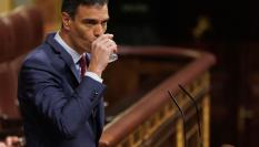 Pedro Sánchez echa un trago de agua desde la tribuna del Congreso