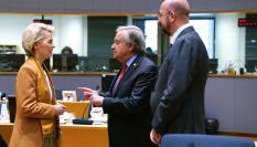 Ursula von der Leyen y Charles Michel, en una reunión de la UE con Antonio Guterres