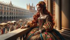 Recreación de una mujer sentada en un balcón de la época