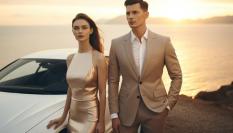 Pareja adinerada ante una puesta de sol