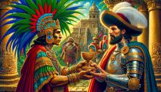 Representación artística de Moctezuma ofreciendo el brebaje misterioso a Hernán Cortes