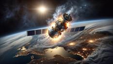 Recreación mediante IA de un satélite entrando en la atmósfera terrestre.