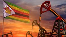 Ilustración de pozos petrolíferos con la bandera de Zimbabue ondeando.