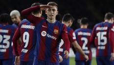 Fermín López celebra el primer gol culé del partido frente al Nápoles
