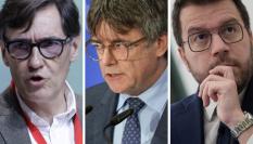 El primer secretario del PSC, Salvador Illa (PSOE), el expresident Carles Puigdemont (Junts) y el president Pere Aragonès (ERC); en sendas imágenes de archivo.