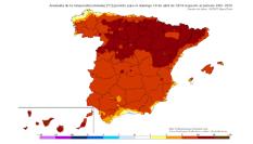 Anomalía de la temperatura mínima prevista para el domingo 14 de abril