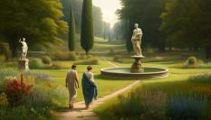 Una pareja de la Antigua Roma paseando por un parque idilico