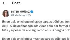 El tuit de la vicesecretaria del PP Ester Muñoz