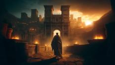 Romano entrando en una ciudad al atardecer