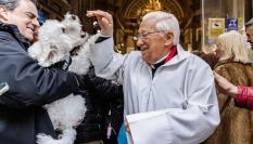 El Padre Ángel saluda a un perro tras celebrarse la misa de San Antón en Madrid.