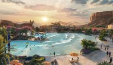 Ilustración de cómo será la zona de la piscina con olas de surf del parque.