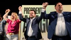 La portavoz de ERC, Raquel Sans, junto a Pere Aragonès y Oriol Junqueras; en una imagen de archivo.