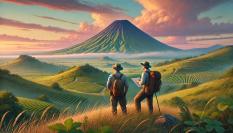 Recreación de unos arqueólogos observando un volcán