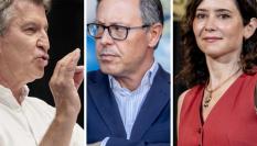 El líder del PP, Alberto Núñez Feijóo; el secretario general del PP de Madrid, Alfonso Serrano; y la mandataria madrileña, Isabel Díaz Ayuso; en sendas imágenes de archivo.