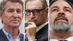 El líder del PP, Alberto Núñez Feijóo; el periodista de COPE Carlos Herrera y el dirigente de Vox, Santiago Abascal; en sendas imágenes de archivo.