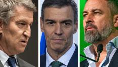 El líder del PP, Alberto Núñez Feijóo; el presidente del Gobierno, Pedro Sánchez; y el dirigente de Vox, Santiago Abascal; en sendas imágenes de archivo.