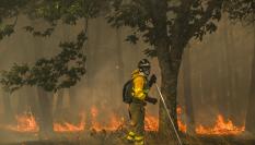 Un bombero forestal realiza labores de extinción en el incendio en A Gudiña (Ourense).