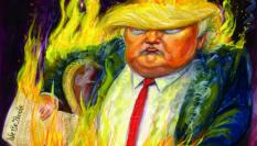 Donald Trump, prendiendo fuego al Preámbulo de la Constitución de los Estados Unidos, en una ilustración.