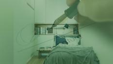 Montaje de imágenes de una pequeña habitación con un detalle de una firma de contrato en segundo plano.