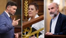 Los portavoces y la portavoz parlamentaria de ERC, EH Bildu y BNG: Gabriel Rufián, Mertxe Aizpurua y Néstor Rego, en sendas imágenes de archivo, respectivamente.