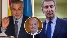 Combo de imágenes del periodista Carlos Alsina y el líder del Partido Popular, Alberto Núñez Feijóo; con un detalle del rey emérito en el círculo.