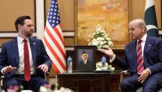 U.S. Vice President JD Vance, left, meets with Pakistan's Prime Minister Shehbaz Sharif for talks about Iran, in Islamabad, Pakistan, April 11, 2026,     Jacquelyn Martin/Pool via REUTERS