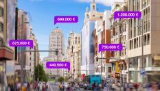 Ilustración digital que simula precios de vivienda en la Gran Vía de Madrid.
