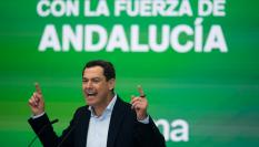 El presidente de la Junta de Andalucía en funciones, Juan Manuel Moreno Bonilla, en un acto de la campaña de las andaluzas del 17-M.