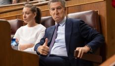 La portavoz parlamentaria del PP, Ester Muñoz, y el presidente popular, Alberto Núñez Feijóo, en el Congreso.
