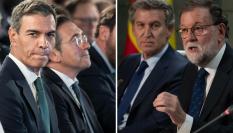 Combo de imágenes de archivo del presidente, Pedro Sánchez, y el ministro de Exteriores José Manuel Albares; frente al presidente del PP, Núñez Feijóo y el expresidente Mariano Rajoy.