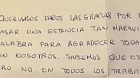 Los clientes de un hotel dejan una carta a los trabajadores de la que muchos dicen que se debe tomar ejemplo: "No tenemos palabras"