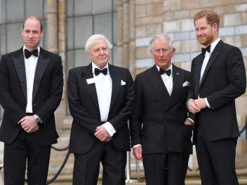 El príncipe Guillermo, Sir David Attenborough, Carlos III y el príncipe Harry en el estreno de 'Our Planet'