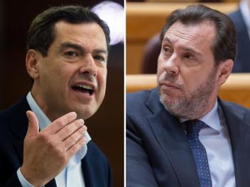 El presidente de la Junta de Andalucía en funciones, Juan Manuel Moreno, y el ministro de Transportes, Óscar Puente; en sendas imágenes de archivo, respectivamente.
