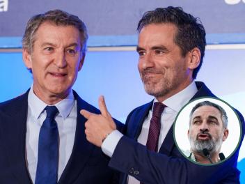 El portavoz nacional del PP, Borja Sémper, y el líder popular, Núñez Feijóo; con su homólogo de Vox, Santiago Abascal, en un detalle.