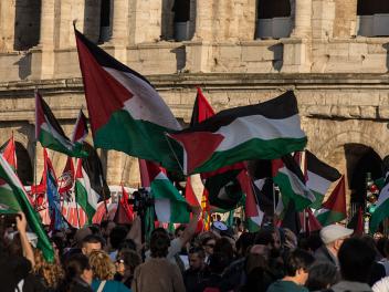People participate in a demonstration 'For Palestine and against all war in support of the Flotilla' in Rome, Italy, on April 30, 2026. The flotilla is part of the 'Spring 2026 Mission,' an international effort to challenge the maritime blockade and deliver medical supplies to Palestinian boats in Gaza. Israeli forces conduct operations involving the Global Sumud Flotilla boats in international waters. (Photo by Andrea Ronchini/NurPhoto via Getty Images)