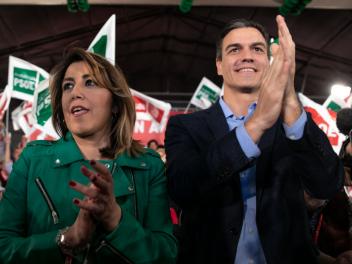 SEVILLA, SPAIN - APRIL 11: The secretary general of PSOE and president of the Government, Pedro Sanchez (R), and the secretary general of Andalusian PSOE, Susana Diaz (L), are seen in a political event on April 11, 2019 in Sevilla, Spain. (Photo by Jesús Prieto/Europa Press via Getty Images)