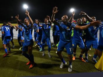 WILLEMSTAD - Curacao players celebrate the victory during the World Cup qualifying Concacaf match between Curacao and Barbados at the Ergilio Hato stadium on June 5, 2024 (local time) in Willemstad, Curacao. ANP | Hollandse Hoogte | GERRIT VAN COLOGNE (Photo by ANP via Getty Images)