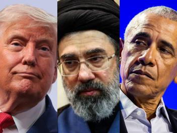 El actual presidente de EEUU, Donald Trump; el líder supremo de Irán, Mojtaba Jamenei, y el expresidente norteamericano, Barack Obama, en imágenes de archivo.