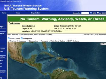 Captura de pantalla de la web del Centro Nacional de Alerta de Tsunamis de Estados Unidos.