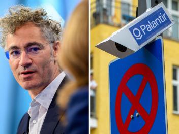 Alex Karp, CEO de Palantir, en un plató de televisión y una imagen de una cámara de vigilancia de Palantir fabricada con cartones por un grupo de manifestantes