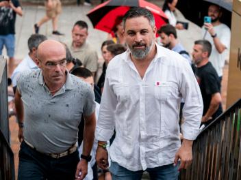 FUENLABRADA, MADRID, SPAIN - JUNE 07: The number 1 of VOX to the European Parliament, Jorge Buxade and the president of VOX, Santiago Abascal, during the closing act of VOX campaign, in the Parque de la Fuente, on June 7, 2024, in Fuenlabrada, Madrid, Spain. Santiago Abascal has moved to the Parque de la Fuente in Fuenlabrada (Madrid) to end the electoral campaign of his party on the occasion of the elections to the European Parliament on June 9. (Photo By A. Perez Meca/Europa Press via Getty Images)