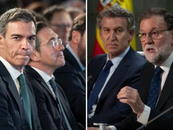 Combo de imágenes de archivo del presidente, Pedro Sánchez, y el ministro de Exteriores José Manuel Albares; frente al presidente del PP, Núñez Feijóo y el expresidente Mariano Rajoy.